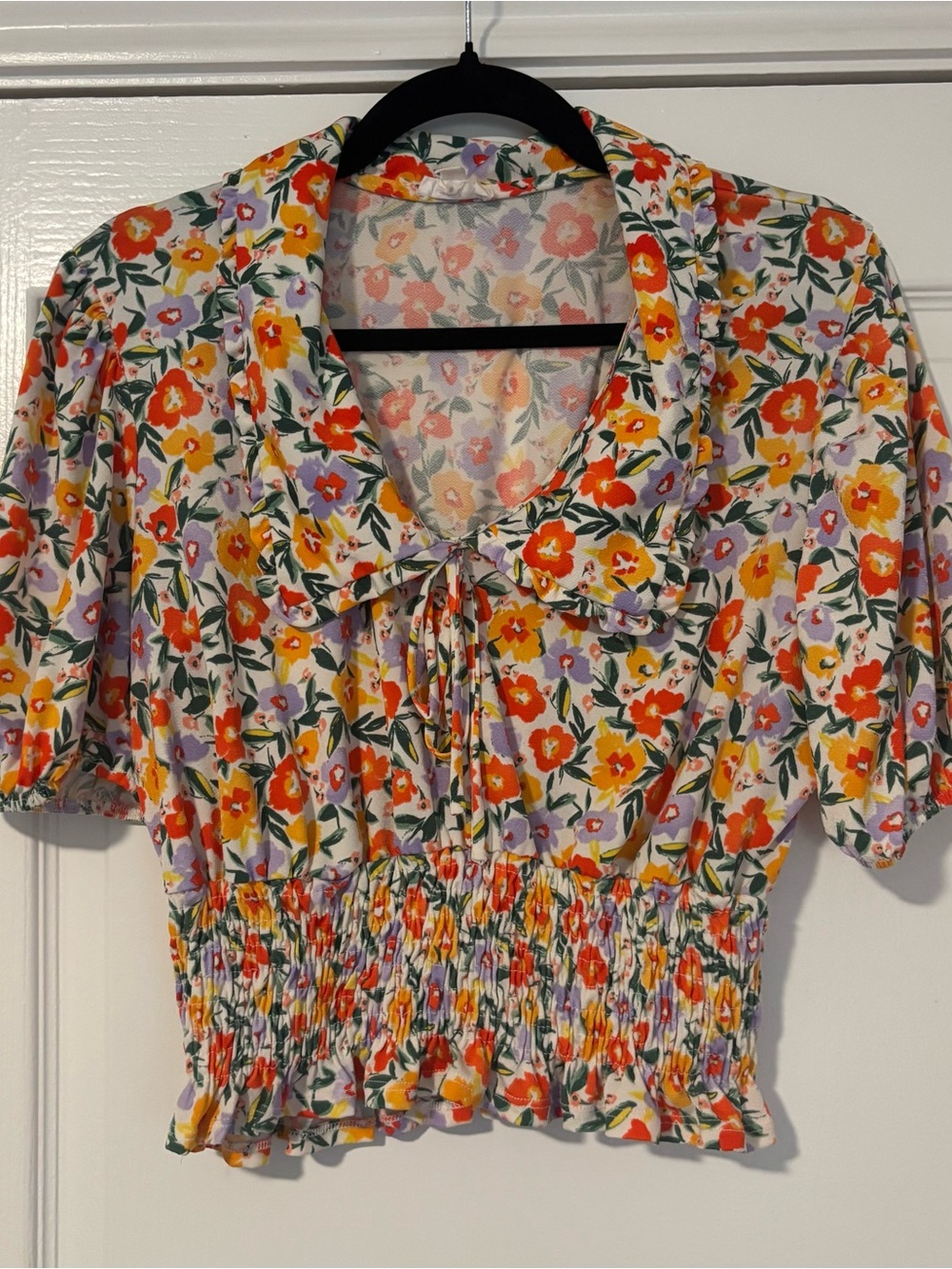 Society Floral Tie-Neck Smocked Blouse - White with Orange & Yellow Flowers